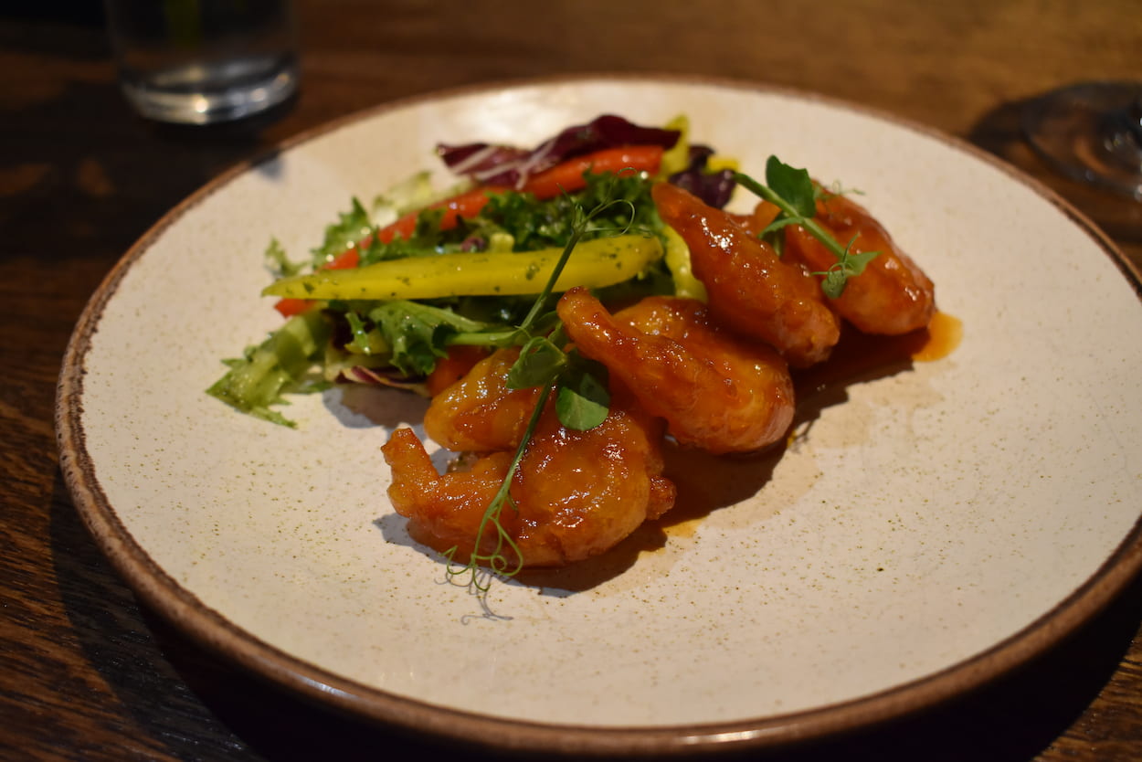Sweet and sour glazed battered prawns